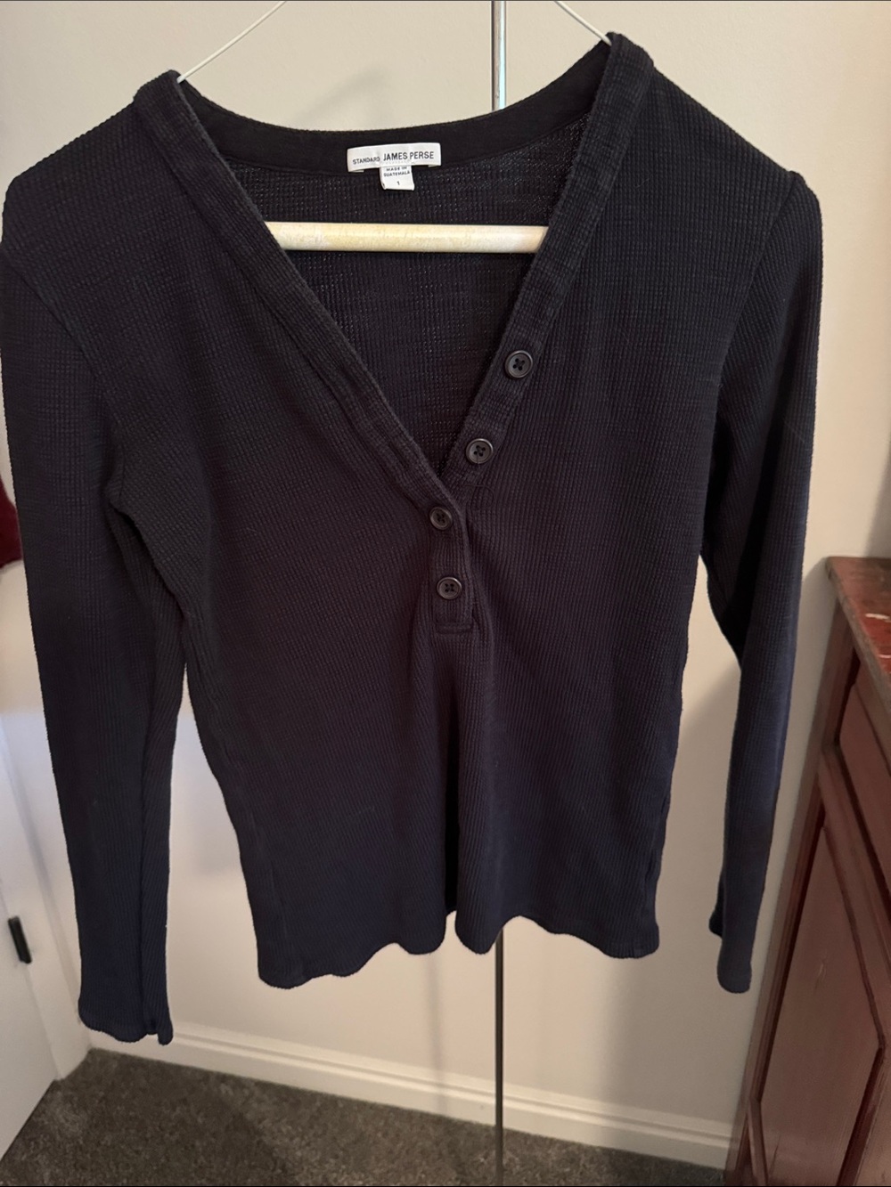 James Perse Black Waffle-Knit Long Sleeve Henley